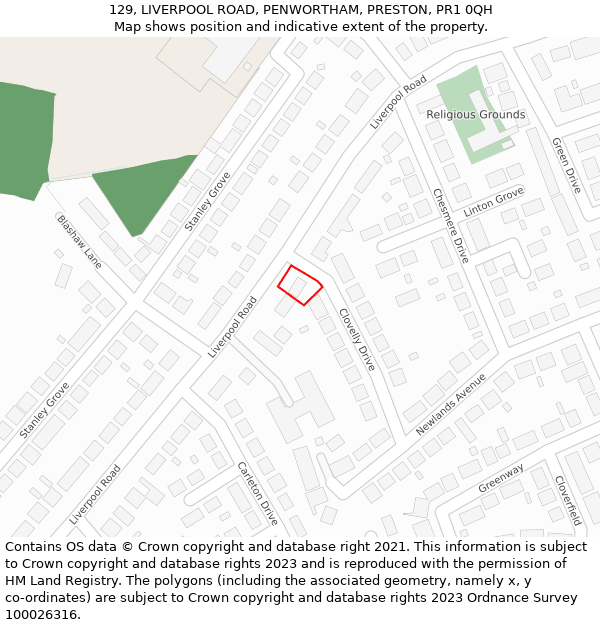 129, LIVERPOOL ROAD, PENWORTHAM, PRESTON, PR1 0QH: Location map and indicative extent of plot