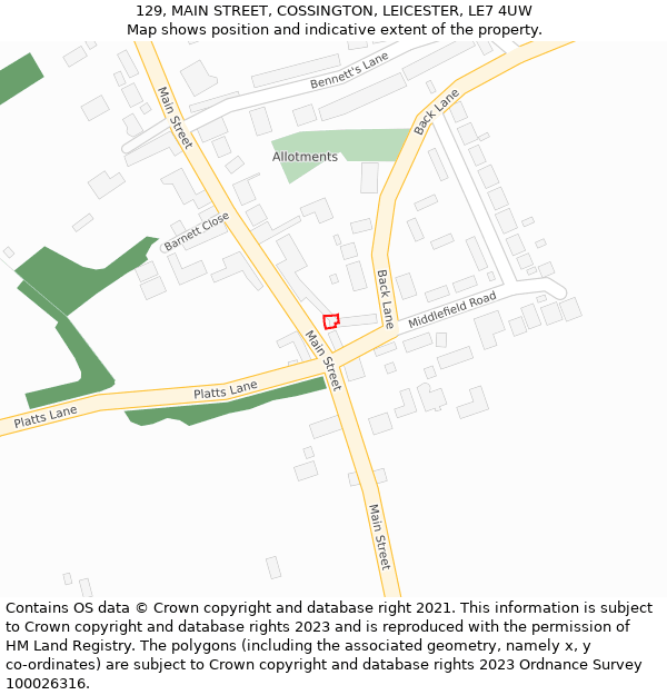 129, MAIN STREET, COSSINGTON, LEICESTER, LE7 4UW: Location map and indicative extent of plot