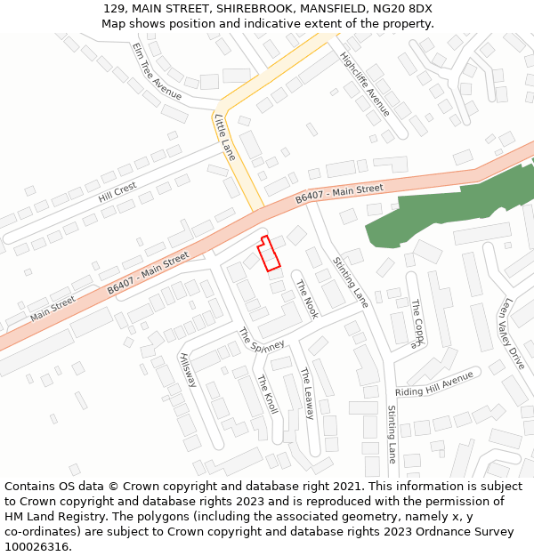 129, MAIN STREET, SHIREBROOK, MANSFIELD, NG20 8DX: Location map and indicative extent of plot