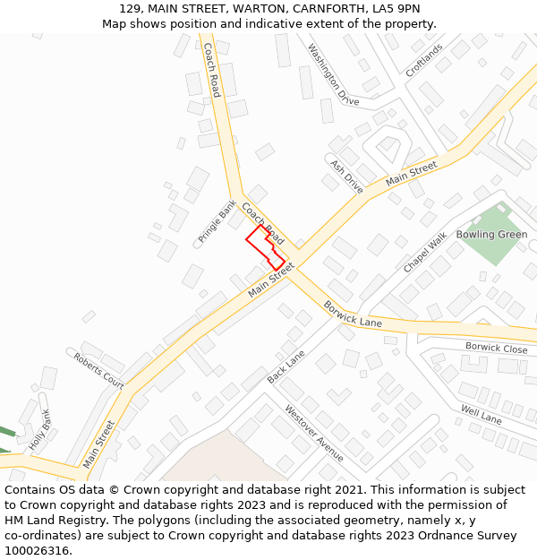 129, MAIN STREET, WARTON, CARNFORTH, LA5 9PN: Location map and indicative extent of plot