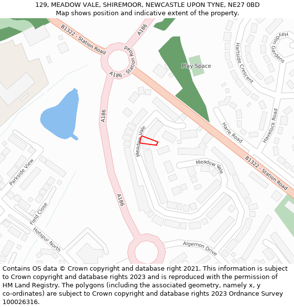 129, MEADOW VALE, SHIREMOOR, NEWCASTLE UPON TYNE, NE27 0BD: Location map and indicative extent of plot