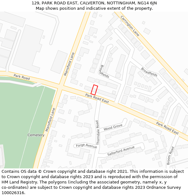 129, PARK ROAD EAST, CALVERTON, NOTTINGHAM, NG14 6JN: Location map and indicative extent of plot