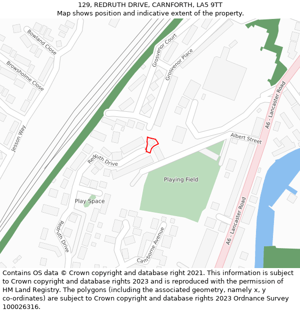 129, REDRUTH DRIVE, CARNFORTH, LA5 9TT: Location map and indicative extent of plot