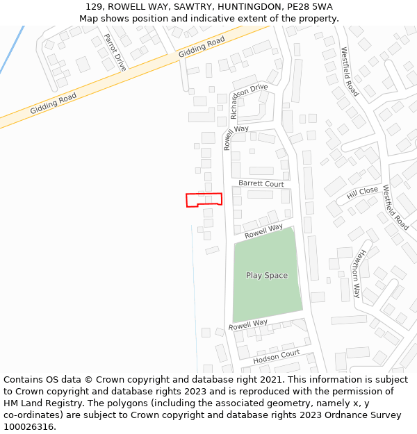 129, ROWELL WAY, SAWTRY, HUNTINGDON, PE28 5WA: Location map and indicative extent of plot