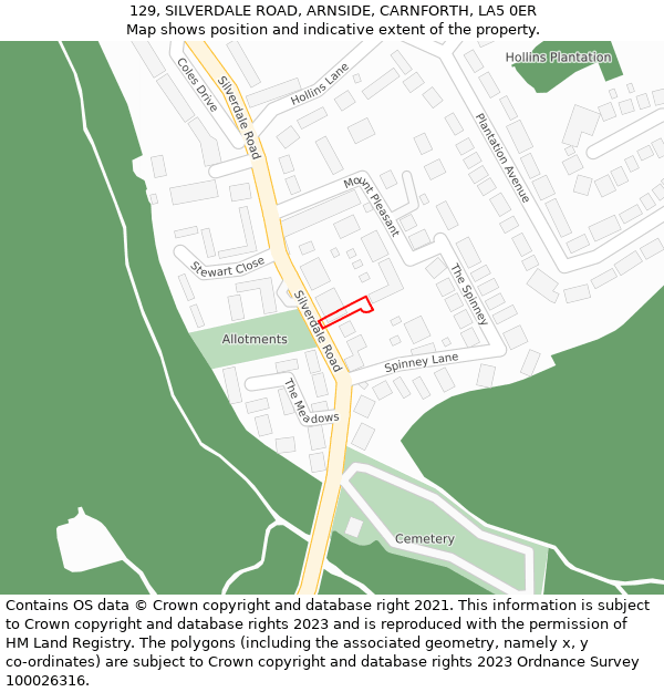 129, SILVERDALE ROAD, ARNSIDE, CARNFORTH, LA5 0ER: Location map and indicative extent of plot