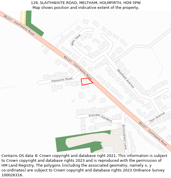 129, SLAITHWAITE ROAD, MELTHAM, HOLMFIRTH, HD9 5PW: Location map and indicative extent of plot