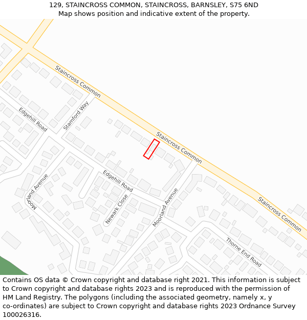 129, STAINCROSS COMMON, STAINCROSS, BARNSLEY, S75 6ND: Location map and indicative extent of plot