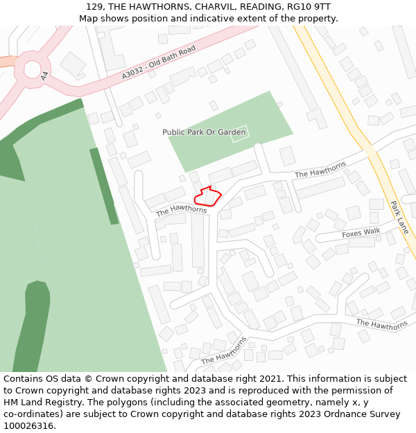 129, THE HAWTHORNS, CHARVIL, READING, RG10 9TT: Location map and indicative extent of plot
