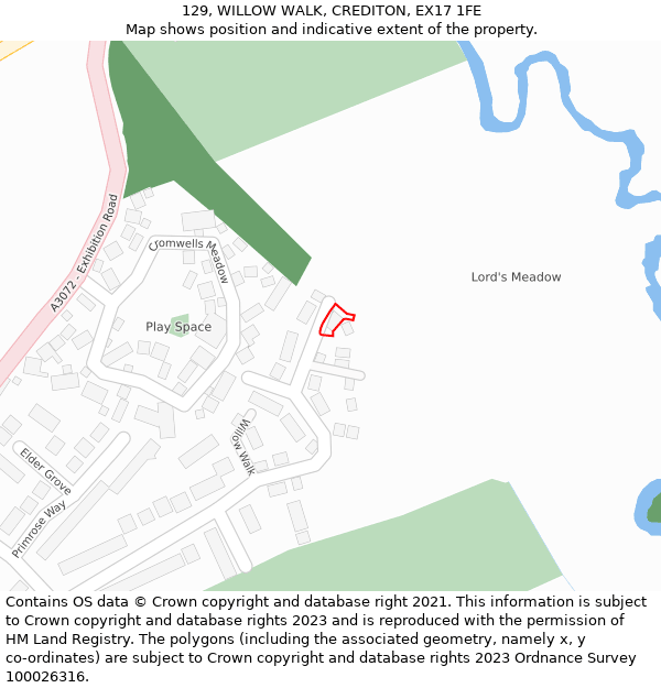 129, WILLOW WALK, CREDITON, EX17 1FE: Location map and indicative extent of plot