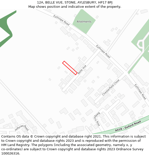 12A, BELLE VUE, STONE, AYLESBURY, HP17 8PJ: Location map and indicative extent of plot