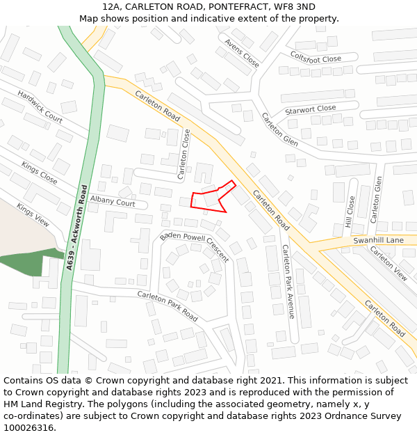 12A, CARLETON ROAD, PONTEFRACT, WF8 3ND: Location map and indicative extent of plot