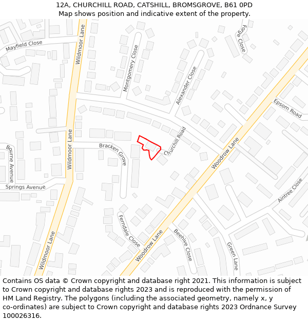 12A, CHURCHILL ROAD, CATSHILL, BROMSGROVE, B61 0PD: Location map and indicative extent of plot