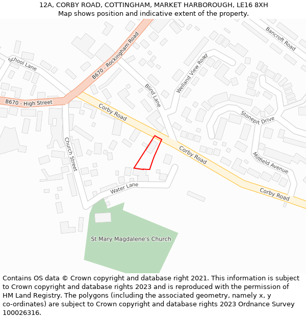 12A, CORBY ROAD, COTTINGHAM, MARKET HARBOROUGH, LE16 8XH: Location map and indicative extent of plot