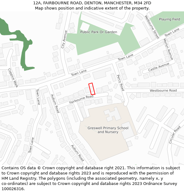 12A, FAIRBOURNE ROAD, DENTON, MANCHESTER, M34 2FD: Location map and indicative extent of plot