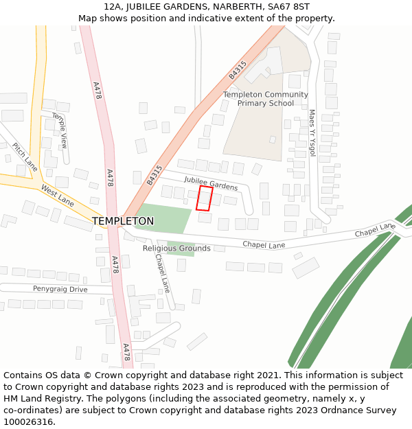 12A, JUBILEE GARDENS, NARBERTH, SA67 8ST: Location map and indicative extent of plot