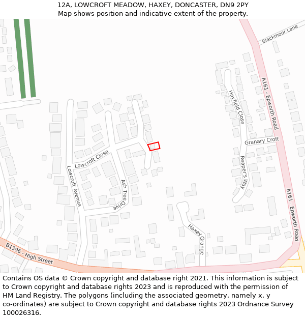 12A, LOWCROFT MEADOW, HAXEY, DONCASTER, DN9 2PY: Location map and indicative extent of plot