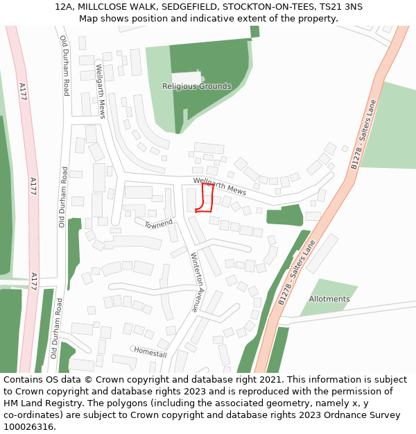 12A, MILLCLOSE WALK, SEDGEFIELD, STOCKTON-ON-TEES, TS21 3NS: Location map and indicative extent of plot