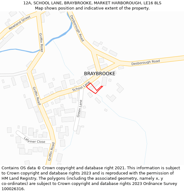 12A, SCHOOL LANE, BRAYBROOKE, MARKET HARBOROUGH, LE16 8LS: Location map and indicative extent of plot