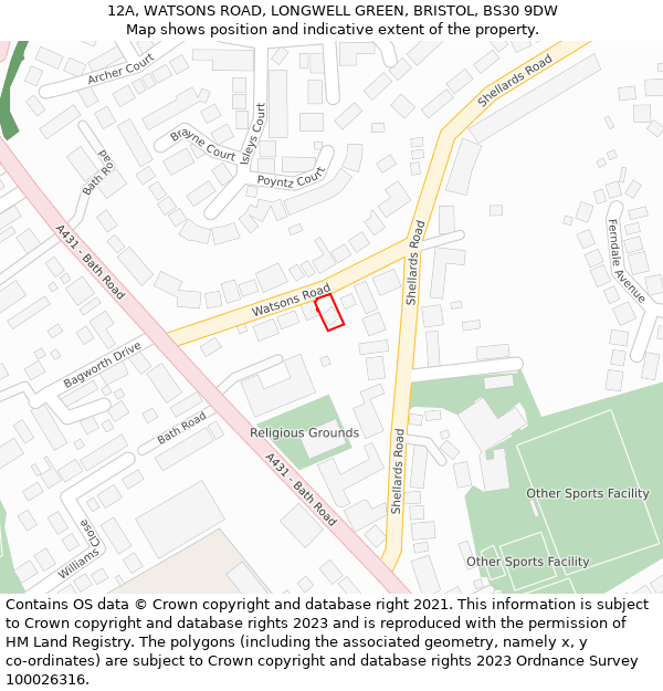 12A, WATSONS ROAD, LONGWELL GREEN, BRISTOL, BS30 9DW: Location map and indicative extent of plot