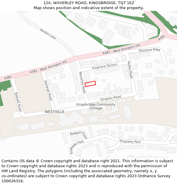 12A, WAVERLEY ROAD, KINGSBRIDGE, TQ7 1EZ: Location map and indicative extent of plot