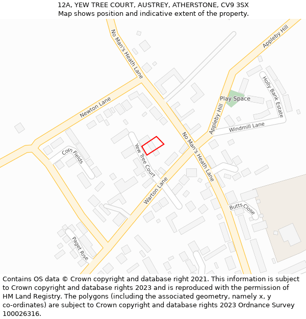 12A, YEW TREE COURT, AUSTREY, ATHERSTONE, CV9 3SX: Location map and indicative extent of plot