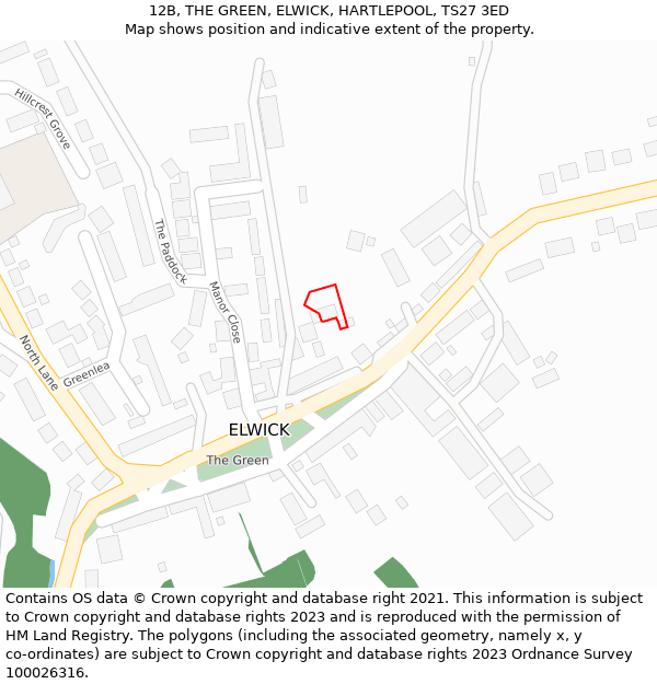 12B, THE GREEN, ELWICK, HARTLEPOOL, TS27 3ED: Location map and indicative extent of plot