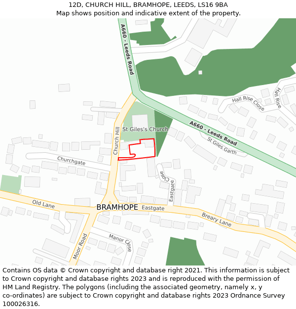 12D, CHURCH HILL, BRAMHOPE, LEEDS, LS16 9BA: Location map and indicative extent of plot