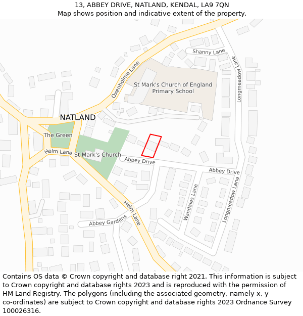 13, ABBEY DRIVE, NATLAND, KENDAL, LA9 7QN: Location map and indicative extent of plot