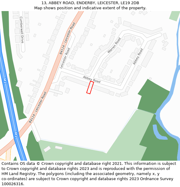 13, ABBEY ROAD, ENDERBY, LEICESTER, LE19 2DB: Location map and indicative extent of plot