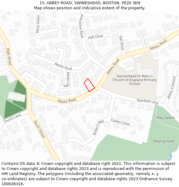 13, ABBEY ROAD, SWINESHEAD, BOSTON, PE20 3EN: Location map and indicative extent of plot