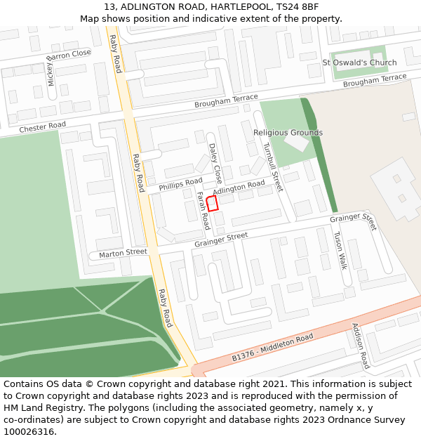13, ADLINGTON ROAD, HARTLEPOOL, TS24 8BF: Location map and indicative extent of plot