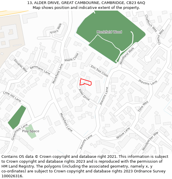 13, ALDER DRIVE, GREAT CAMBOURNE, CAMBRIDGE, CB23 6AQ: Location map and indicative extent of plot