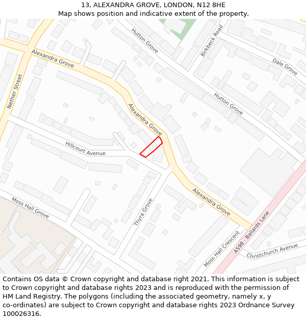 13, ALEXANDRA GROVE, LONDON, N12 8HE: Location map and indicative extent of plot