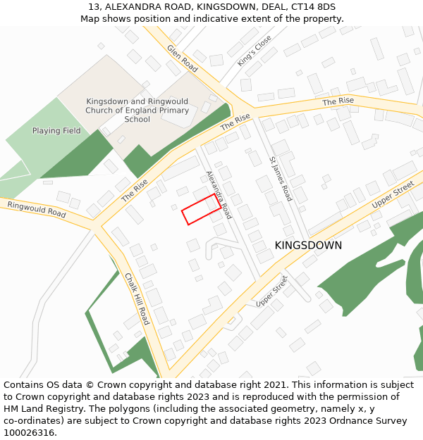 13, ALEXANDRA ROAD, KINGSDOWN, DEAL, CT14 8DS: Location map and indicative extent of plot