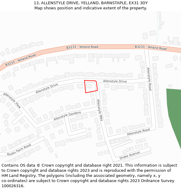 13, ALLENSTYLE DRIVE, YELLAND, BARNSTAPLE, EX31 3DY: Location map and indicative extent of plot