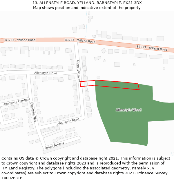 13, ALLENSTYLE ROAD, YELLAND, BARNSTAPLE, EX31 3DX: Location map and indicative extent of plot