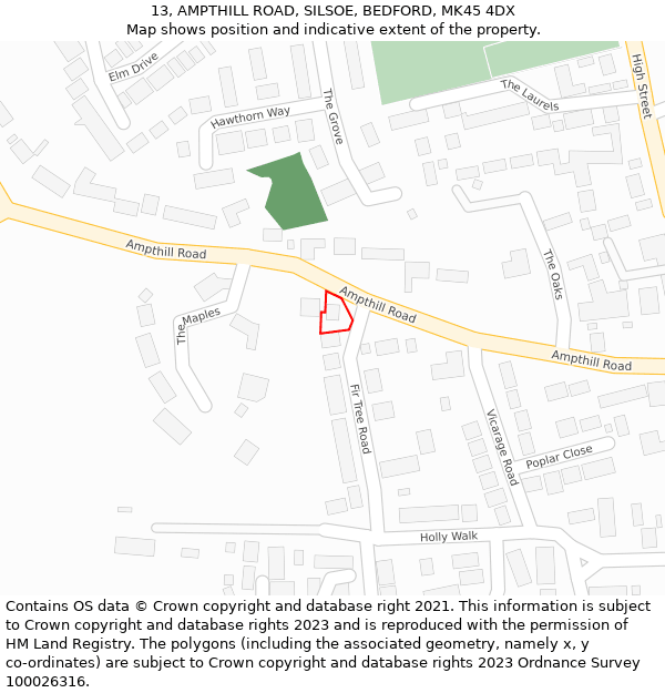 13, AMPTHILL ROAD, SILSOE, BEDFORD, MK45 4DX: Location map and indicative extent of plot