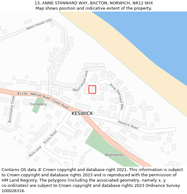 13, ANNE STANNARD WAY, BACTON, NORWICH, NR12 0HX: Location map and indicative extent of plot