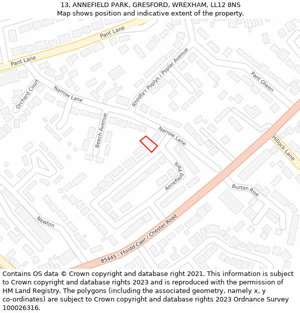 13, ANNEFIELD PARK, GRESFORD, WREXHAM, LL12 8NS: Location map and indicative extent of plot