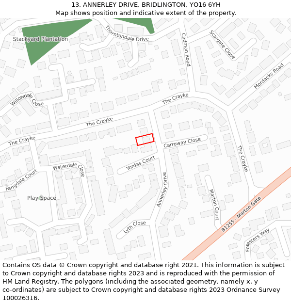 13, ANNERLEY DRIVE, BRIDLINGTON, YO16 6YH: Location map and indicative extent of plot