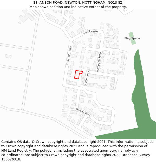 13, ANSON ROAD, NEWTON, NOTTINGHAM, NG13 8ZJ: Location map and indicative extent of plot