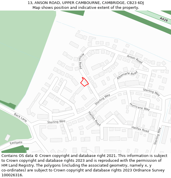 13, ANSON ROAD, UPPER CAMBOURNE, CAMBRIDGE, CB23 6DJ: Location map and indicative extent of plot