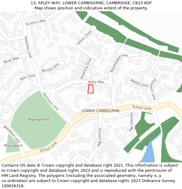 13, APLEY WAY, LOWER CAMBOURNE, CAMBRIDGE, CB23 6DF: Location map and indicative extent of plot