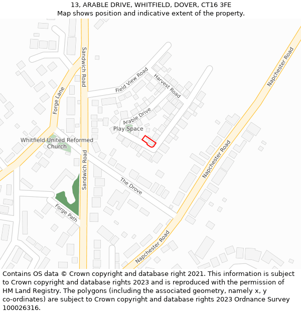 13, ARABLE DRIVE, WHITFIELD, DOVER, CT16 3FE: Location map and indicative extent of plot