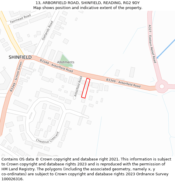 13, ARBORFIELD ROAD, SHINFIELD, READING, RG2 9DY: Location map and indicative extent of plot