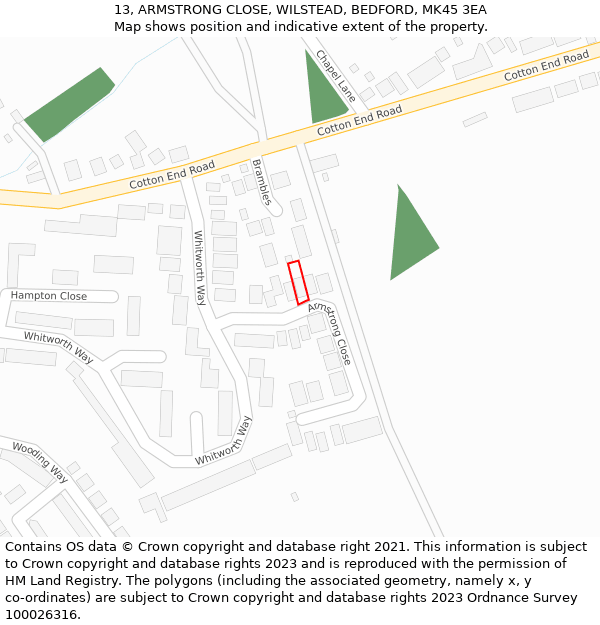 13, ARMSTRONG CLOSE, WILSTEAD, BEDFORD, MK45 3EA: Location map and indicative extent of plot