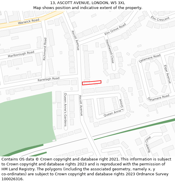 13, ASCOTT AVENUE, LONDON, W5 3XL: Location map and indicative extent of plot