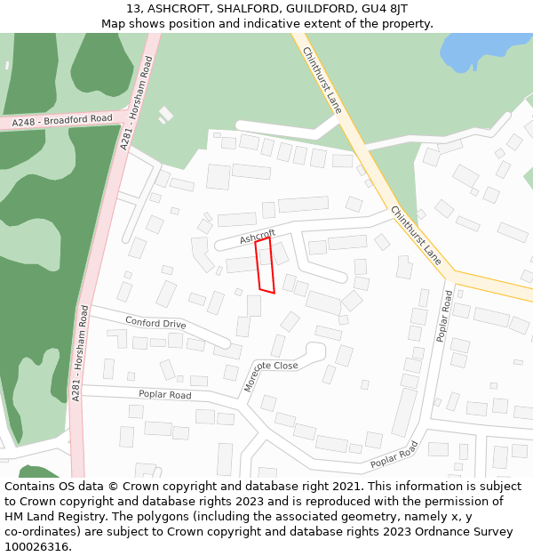 13, ASHCROFT, SHALFORD, GUILDFORD, GU4 8JT: Location map and indicative extent of plot