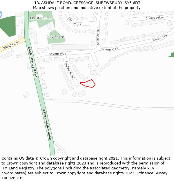 13, ASHDALE ROAD, CRESSAGE, SHREWSBURY, SY5 6DT: Location map and indicative extent of plot