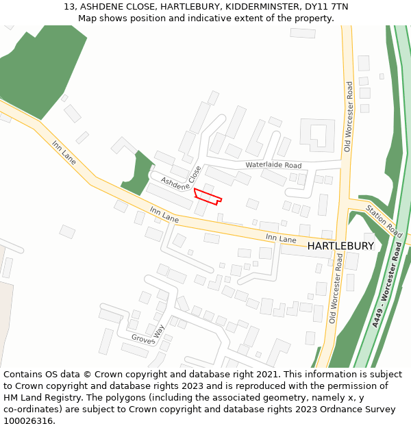 13, ASHDENE CLOSE, HARTLEBURY, KIDDERMINSTER, DY11 7TN: Location map and indicative extent of plot